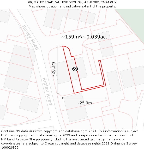 69, RIPLEY ROAD, WILLESBOROUGH, ASHFORD, TN24 0UX: Plot and title map