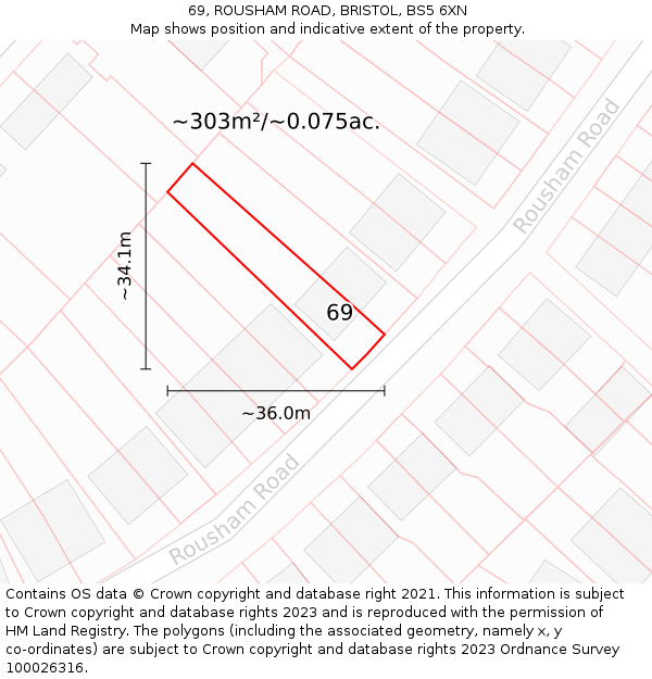 69, ROUSHAM ROAD, BRISTOL, BS5 6XN: Plot and title map