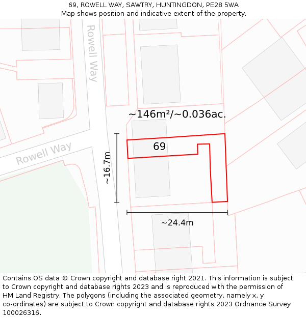 69, ROWELL WAY, SAWTRY, HUNTINGDON, PE28 5WA: Plot and title map