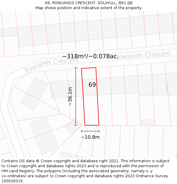 69, ROWLANDS CRESCENT, SOLIHULL, B91 2JE: Plot and title map