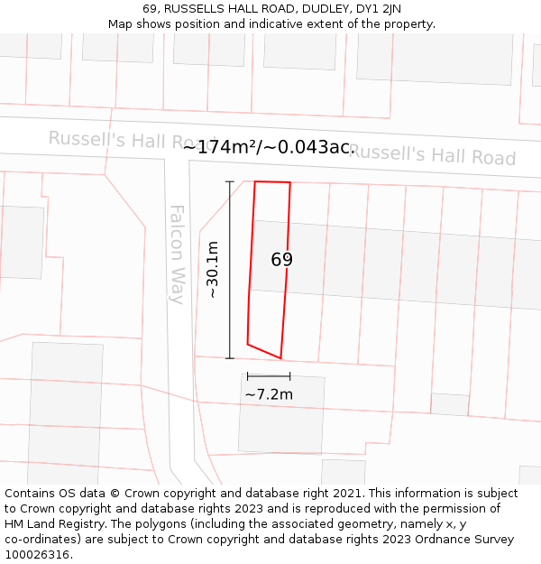 69, RUSSELLS HALL ROAD, DUDLEY, DY1 2JN: Plot and title map