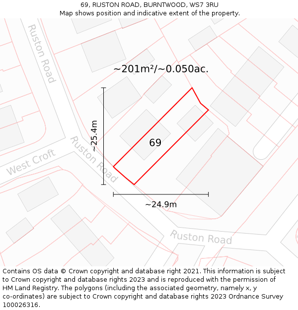 69, RUSTON ROAD, BURNTWOOD, WS7 3RU: Plot and title map