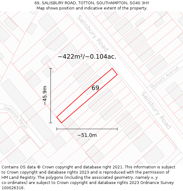 69, SALISBURY ROAD, TOTTON, SOUTHAMPTON, SO40 3HY: Plot and title map