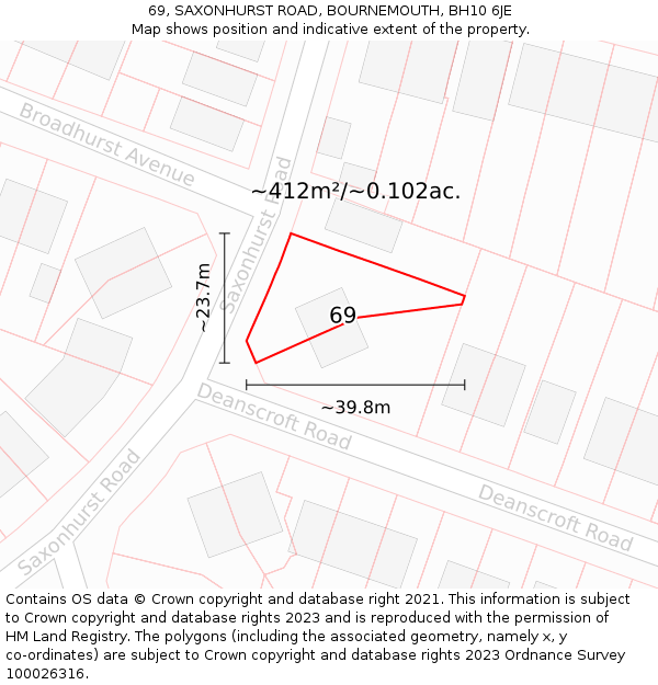 69, SAXONHURST ROAD, BOURNEMOUTH, BH10 6JE: Plot and title map