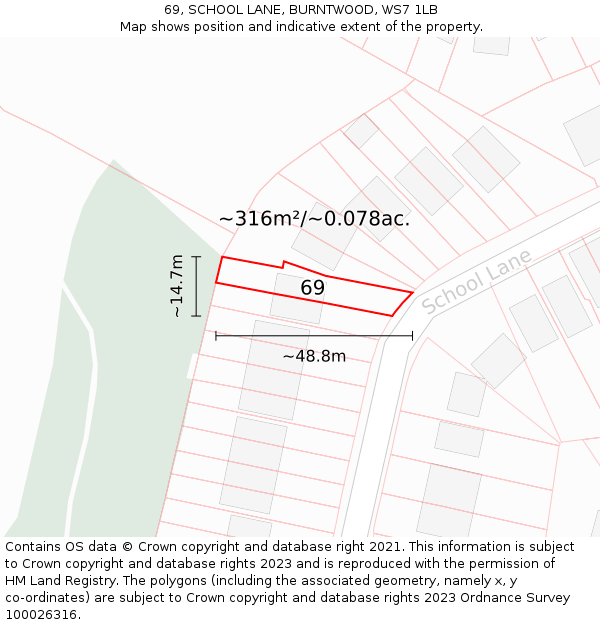 69, SCHOOL LANE, BURNTWOOD, WS7 1LB: Plot and title map