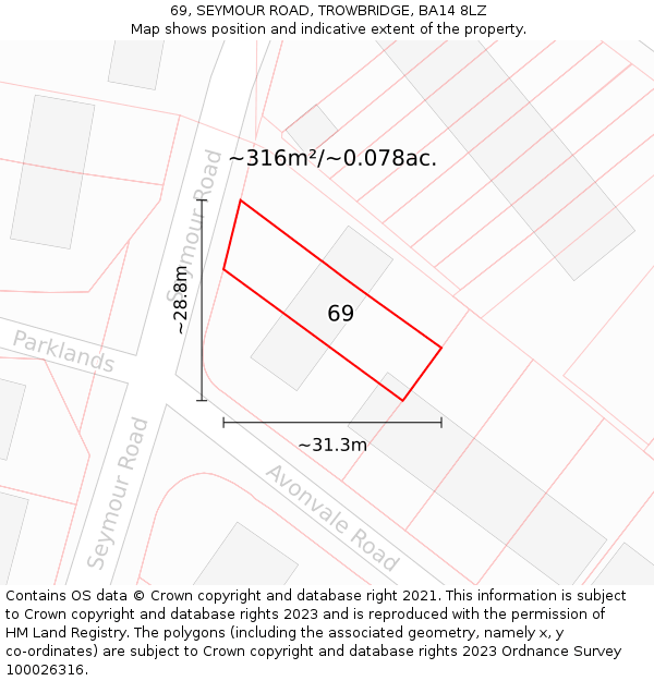 69, SEYMOUR ROAD, TROWBRIDGE, BA14 8LZ: Plot and title map