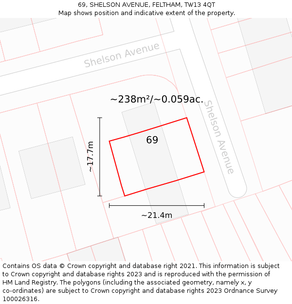 69, SHELSON AVENUE, FELTHAM, TW13 4QT: Plot and title map
