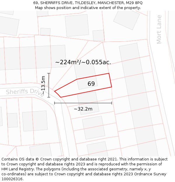 69, SHERRIFFS DRIVE, TYLDESLEY, MANCHESTER, M29 8PQ: Plot and title map