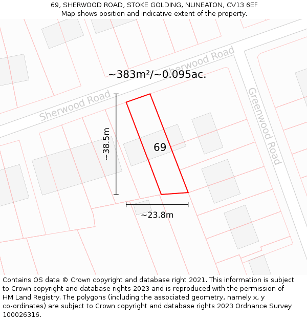 69, SHERWOOD ROAD, STOKE GOLDING, NUNEATON, CV13 6EF: Plot and title map