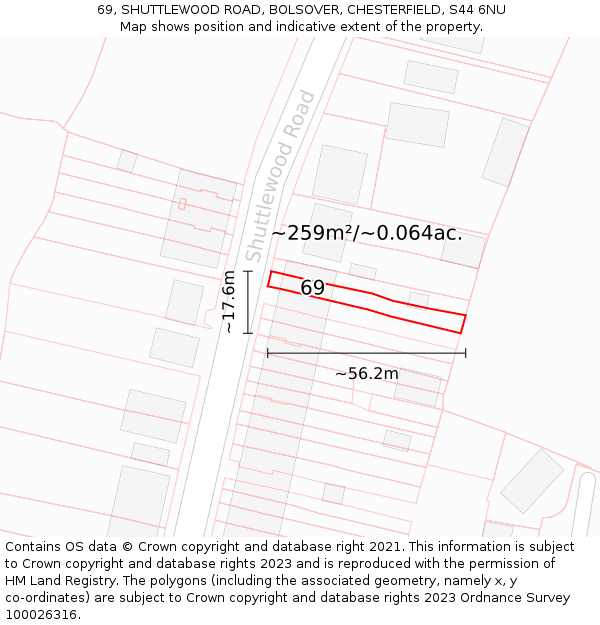 69, SHUTTLEWOOD ROAD, BOLSOVER, CHESTERFIELD, S44 6NU: Plot and title map