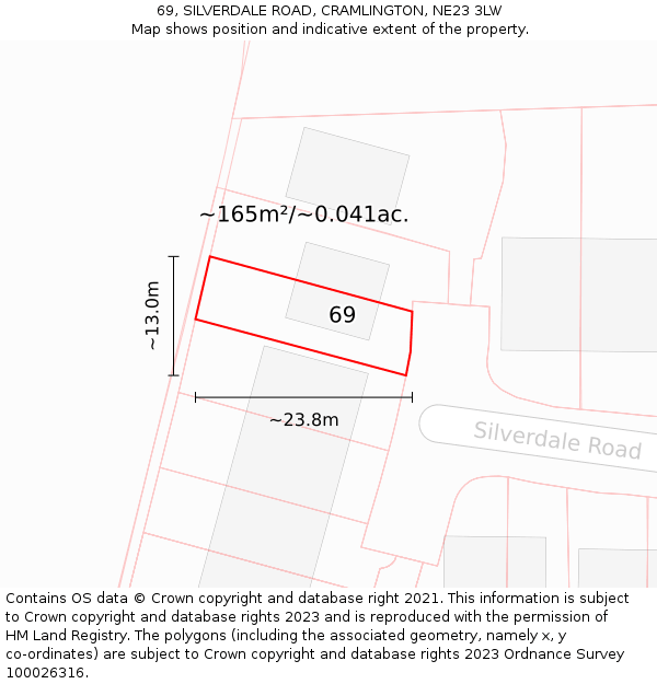 69, SILVERDALE ROAD, CRAMLINGTON, NE23 3LW: Plot and title map