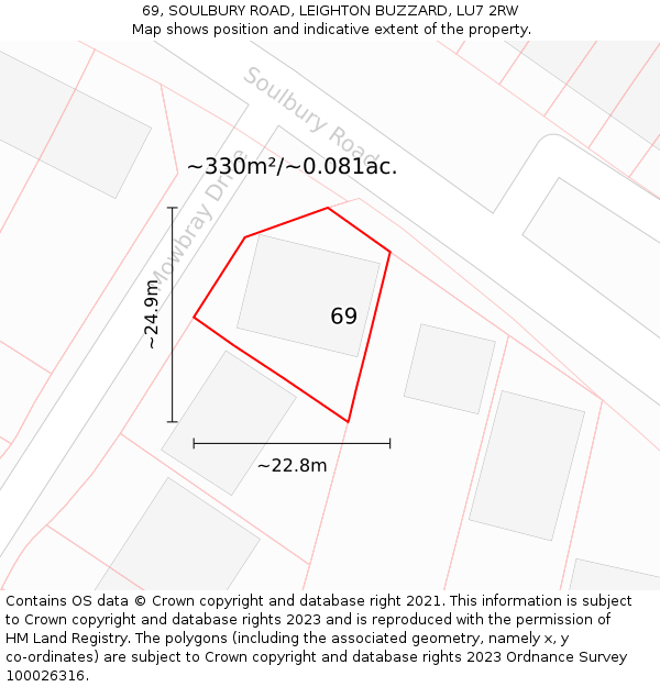 69, SOULBURY ROAD, LEIGHTON BUZZARD, LU7 2RW: Plot and title map