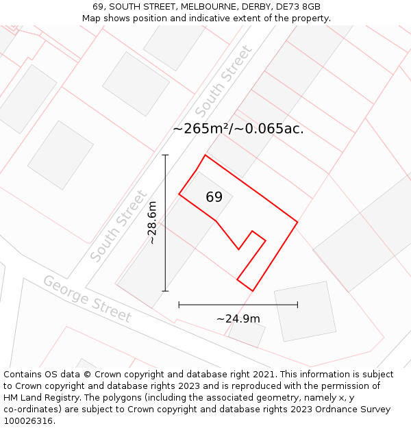 69, SOUTH STREET, MELBOURNE, DERBY, DE73 8GB: Plot and title map