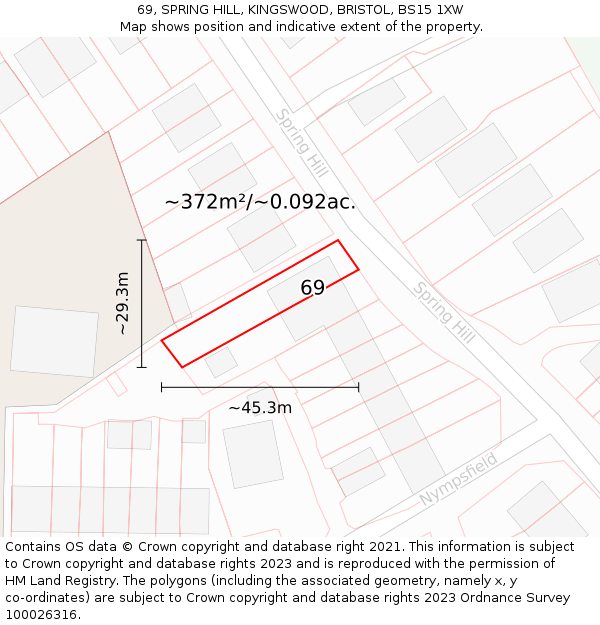 69, SPRING HILL, KINGSWOOD, BRISTOL, BS15 1XW: Plot and title map