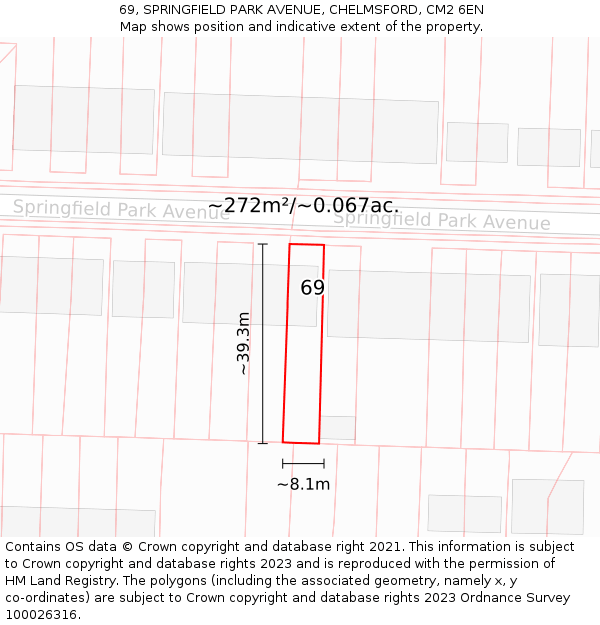 69, SPRINGFIELD PARK AVENUE, CHELMSFORD, CM2 6EN: Plot and title map