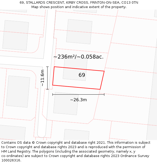 69, STALLARDS CRESCENT, KIRBY CROSS, FRINTON-ON-SEA, CO13 0TN: Plot and title map