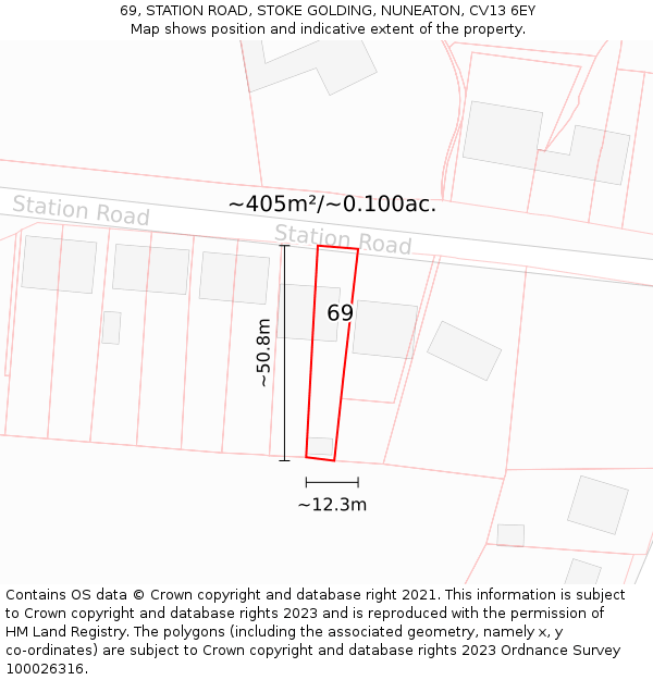 69, STATION ROAD, STOKE GOLDING, NUNEATON, CV13 6EY: Plot and title map