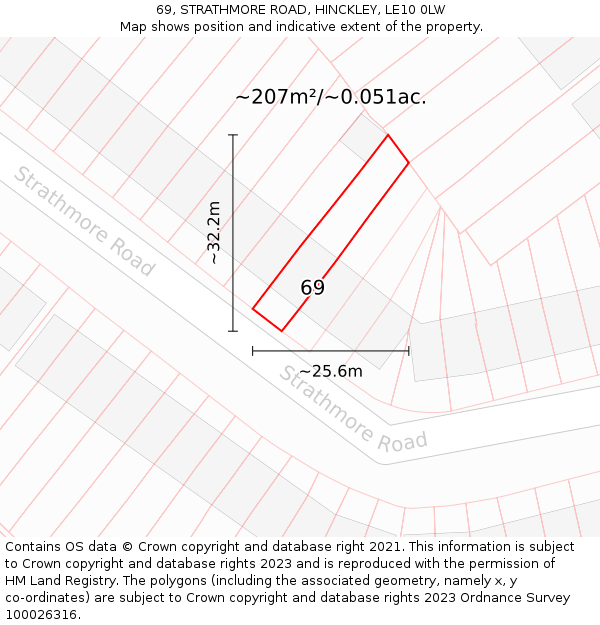 69, STRATHMORE ROAD, HINCKLEY, LE10 0LW: Plot and title map