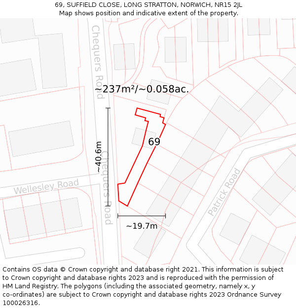 69, SUFFIELD CLOSE, LONG STRATTON, NORWICH, NR15 2JL: Plot and title map