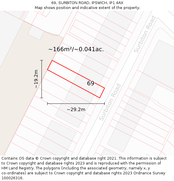 69, SURBITON ROAD, IPSWICH, IP1 4AX: Plot and title map