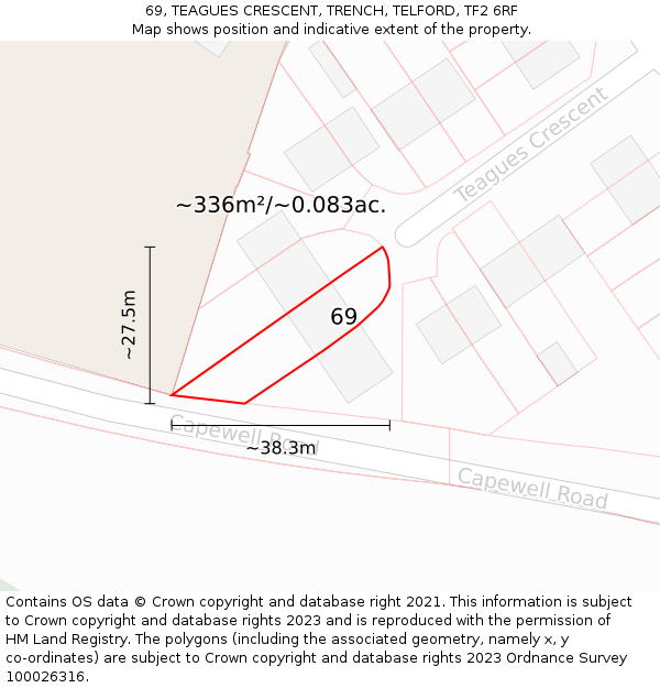 69, TEAGUES CRESCENT, TRENCH, TELFORD, TF2 6RF: Plot and title map