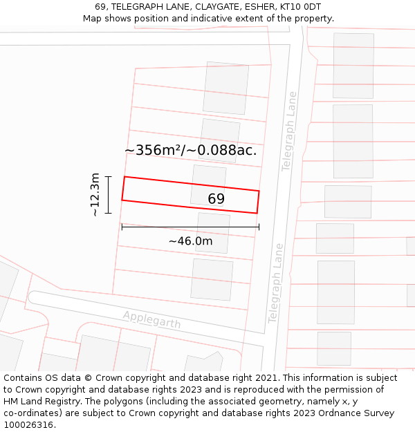 69, TELEGRAPH LANE, CLAYGATE, ESHER, KT10 0DT: Plot and title map