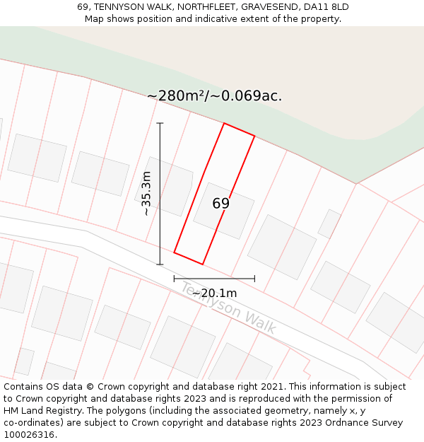 69, TENNYSON WALK, NORTHFLEET, GRAVESEND, DA11 8LD: Plot and title map