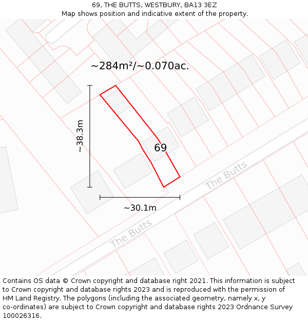 69, THE BUTTS, WESTBURY, BA13 3EZ: Plot and title map