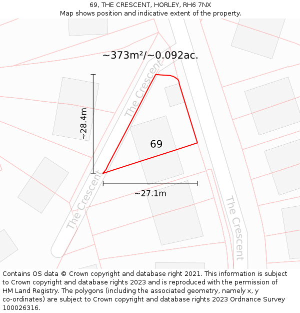 69, THE CRESCENT, HORLEY, RH6 7NX: Plot and title map