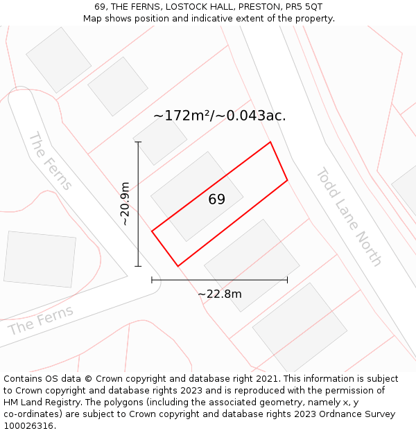 69, THE FERNS, LOSTOCK HALL, PRESTON, PR5 5QT: Plot and title map