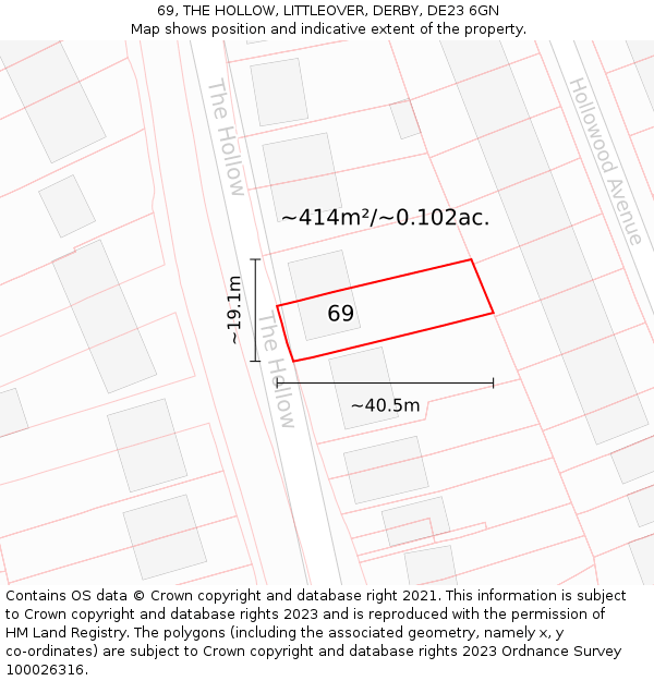 69, THE HOLLOW, LITTLEOVER, DERBY, DE23 6GN: Plot and title map