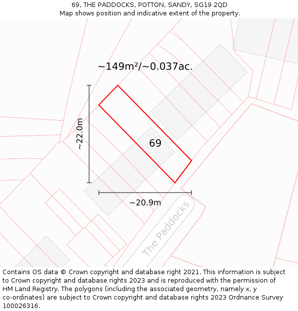 69, THE PADDOCKS, POTTON, SANDY, SG19 2QD: Plot and title map