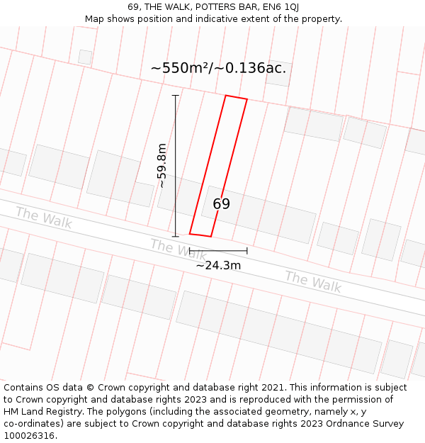 69, THE WALK, POTTERS BAR, EN6 1QJ: Plot and title map