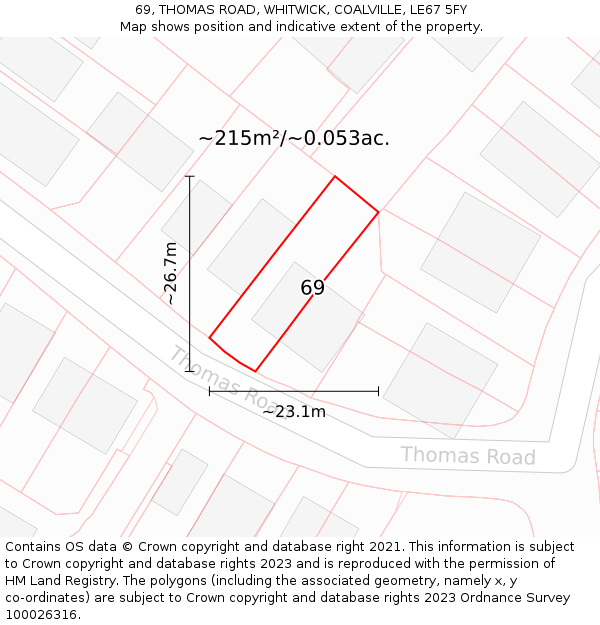 69, THOMAS ROAD, WHITWICK, COALVILLE, LE67 5FY: Plot and title map