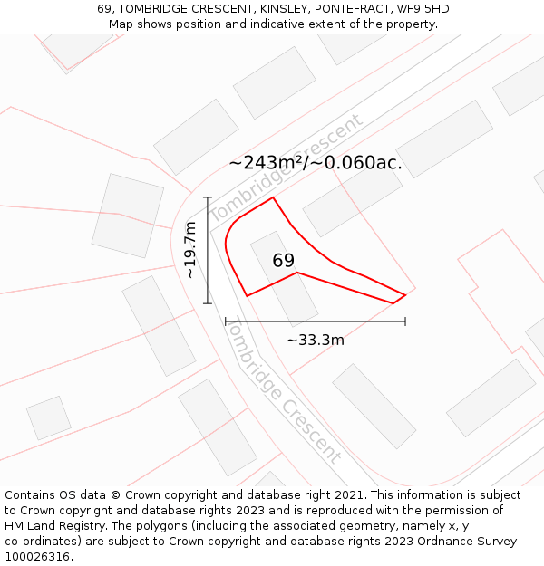 69, TOMBRIDGE CRESCENT, KINSLEY, PONTEFRACT, WF9 5HD: Plot and title map