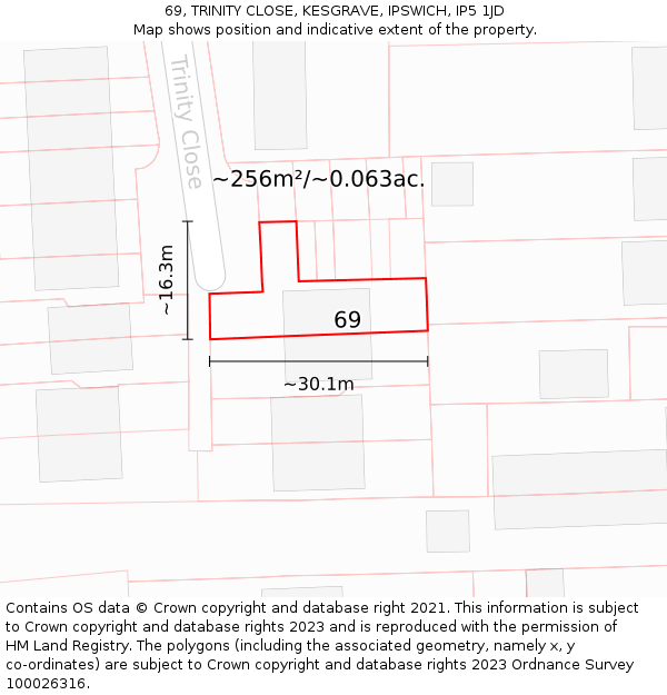 69, TRINITY CLOSE, KESGRAVE, IPSWICH, IP5 1JD: Plot and title map