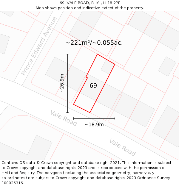 69, VALE ROAD, RHYL, LL18 2PF: Plot and title map