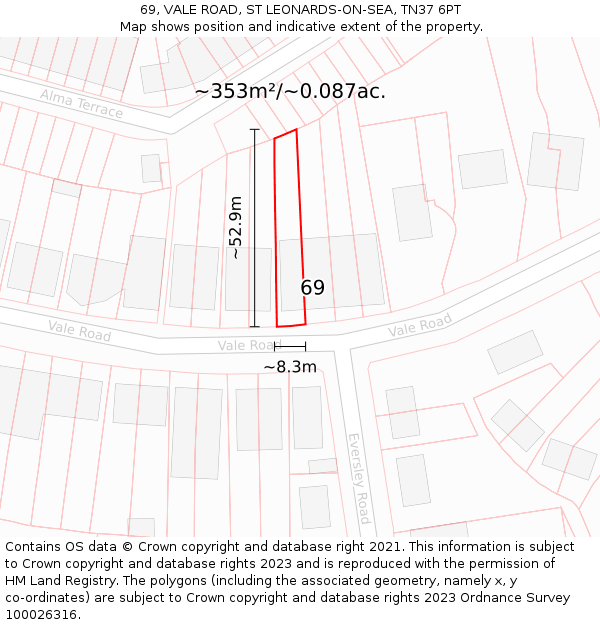 69, VALE ROAD, ST LEONARDS-ON-SEA, TN37 6PT: Plot and title map