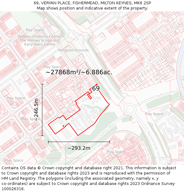 69, VERYAN PLACE, FISHERMEAD, MILTON KEYNES, MK6 2SP: Plot and title map