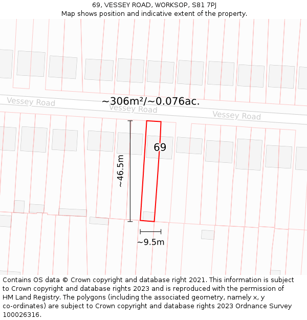 69, VESSEY ROAD, WORKSOP, S81 7PJ: Plot and title map