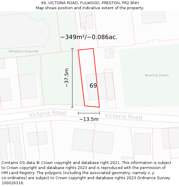 69, VICTORIA ROAD, FULWOOD, PRESTON, PR2 8NH: Plot and title map