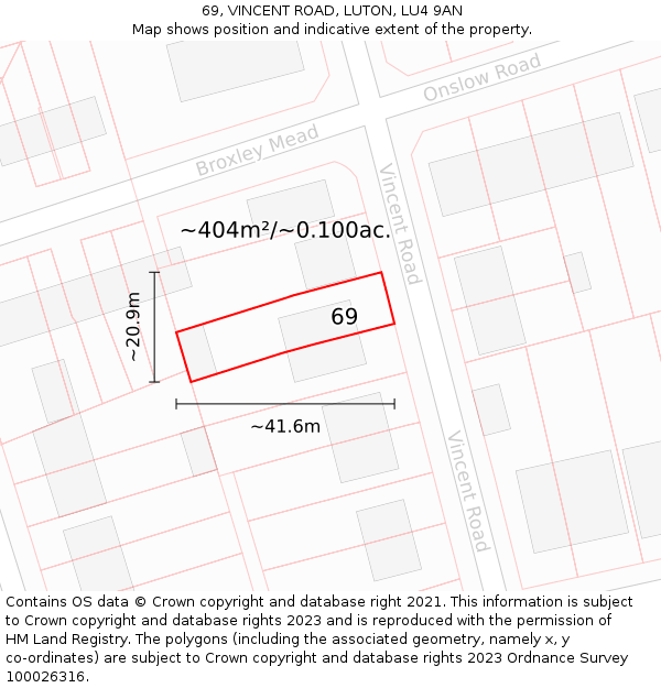 69, VINCENT ROAD, LUTON, LU4 9AN: Plot and title map