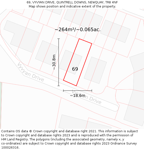 69, VYVYAN DRIVE, QUINTRELL DOWNS, NEWQUAY, TR8 4NF: Plot and title map