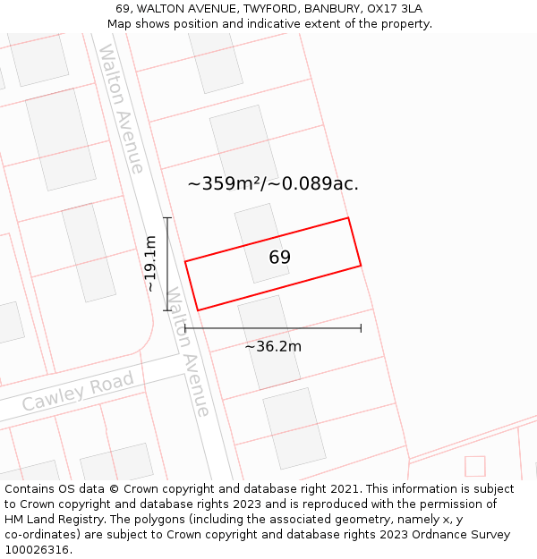 69, WALTON AVENUE, TWYFORD, BANBURY, OX17 3LA: Plot and title map