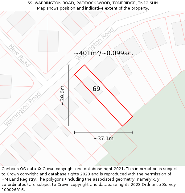 69, WARRINGTON ROAD, PADDOCK WOOD, TONBRIDGE, TN12 6HN: Plot and title map