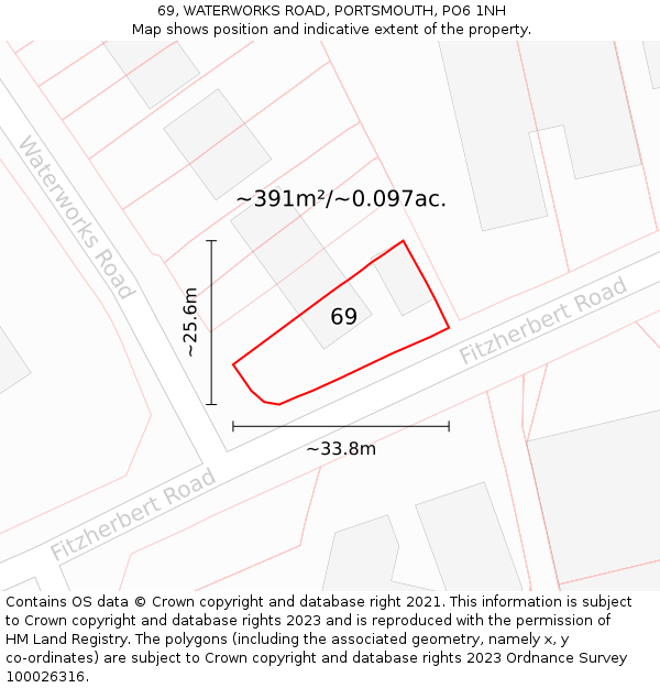 69, WATERWORKS ROAD, PORTSMOUTH, PO6 1NH: Plot and title map