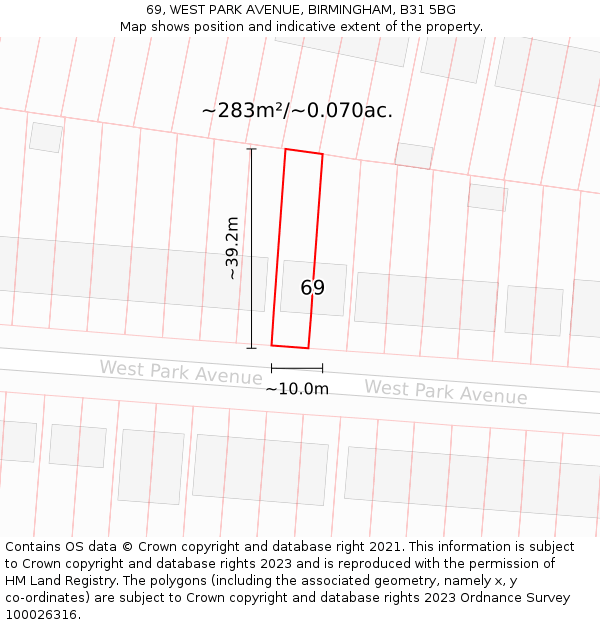 69, WEST PARK AVENUE, BIRMINGHAM, B31 5BG: Plot and title map