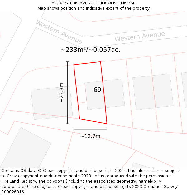 69, WESTERN AVENUE, LINCOLN, LN6 7SR: Plot and title map