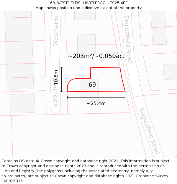 69, WESTFIELDS, HARTLEPOOL, TS25 4BF: Plot and title map