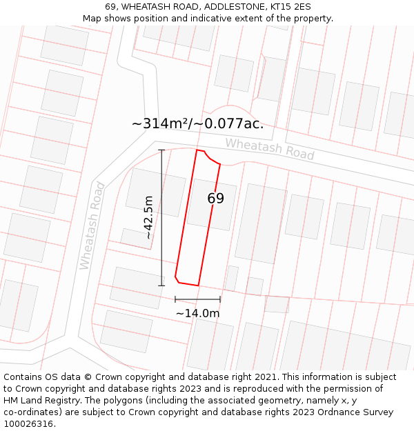 69, WHEATASH ROAD, ADDLESTONE, KT15 2ES: Plot and title map